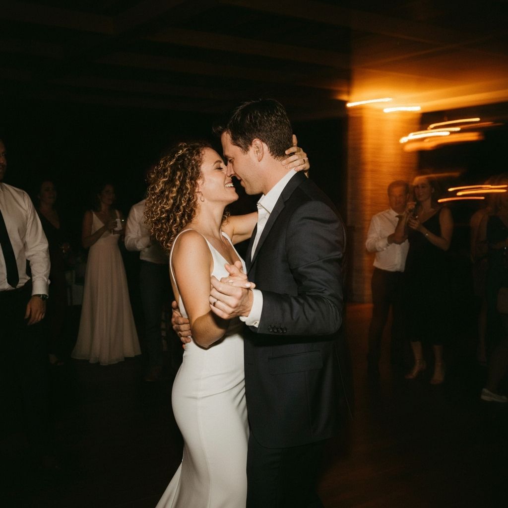 Flash-lit couple dancing at a wedding reception