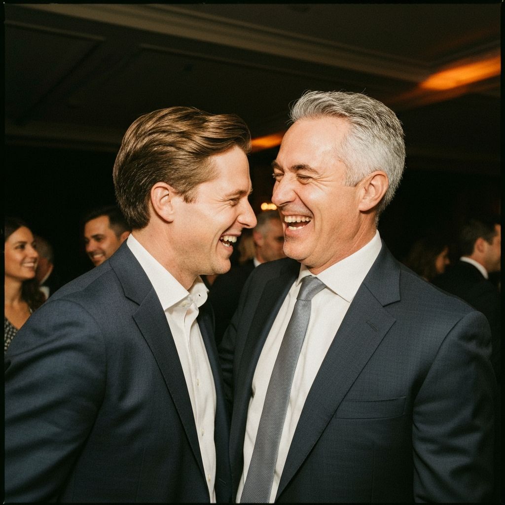 Two men in suits laughing at a corporate event