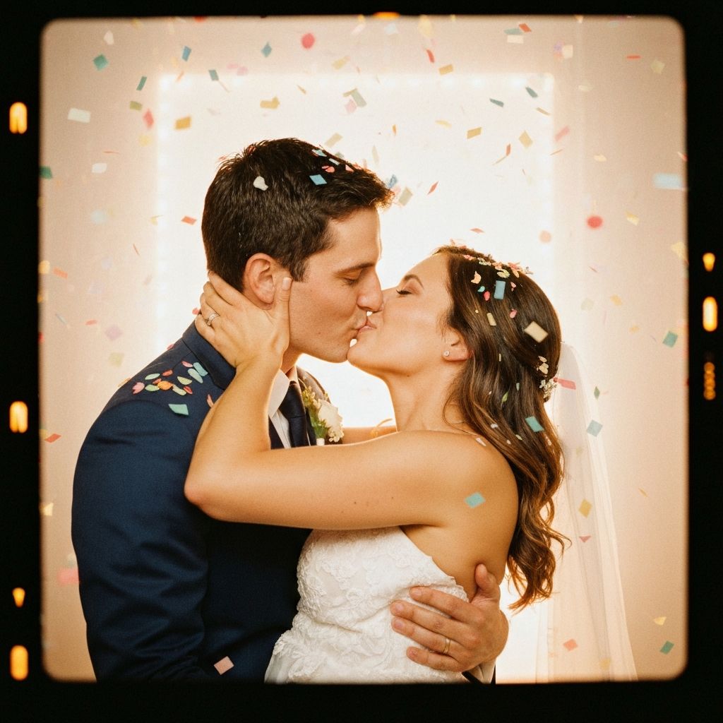 Bride and groom kissing in a photo booth with confetti