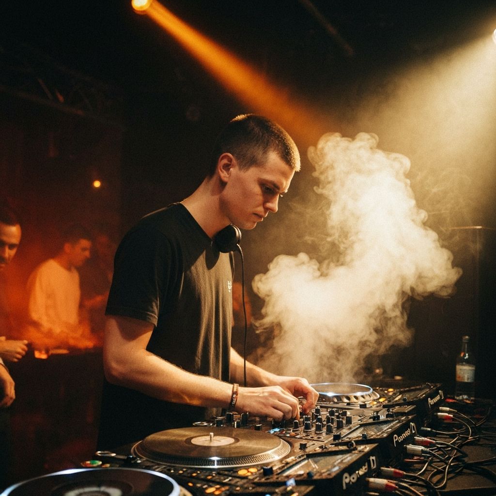 DJ performing at a party with warm highlights and motion blur