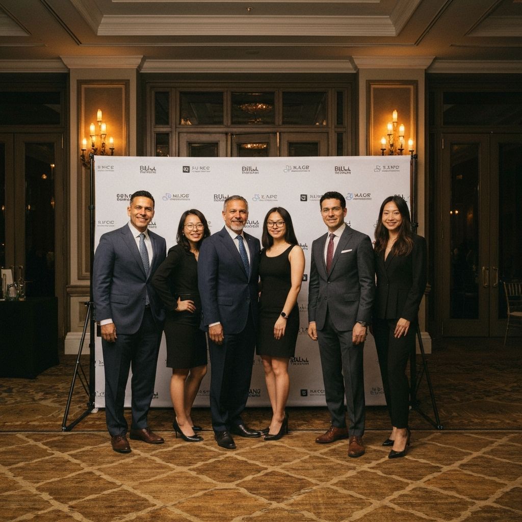 Professionals posing at a stylish corporate event photo booth