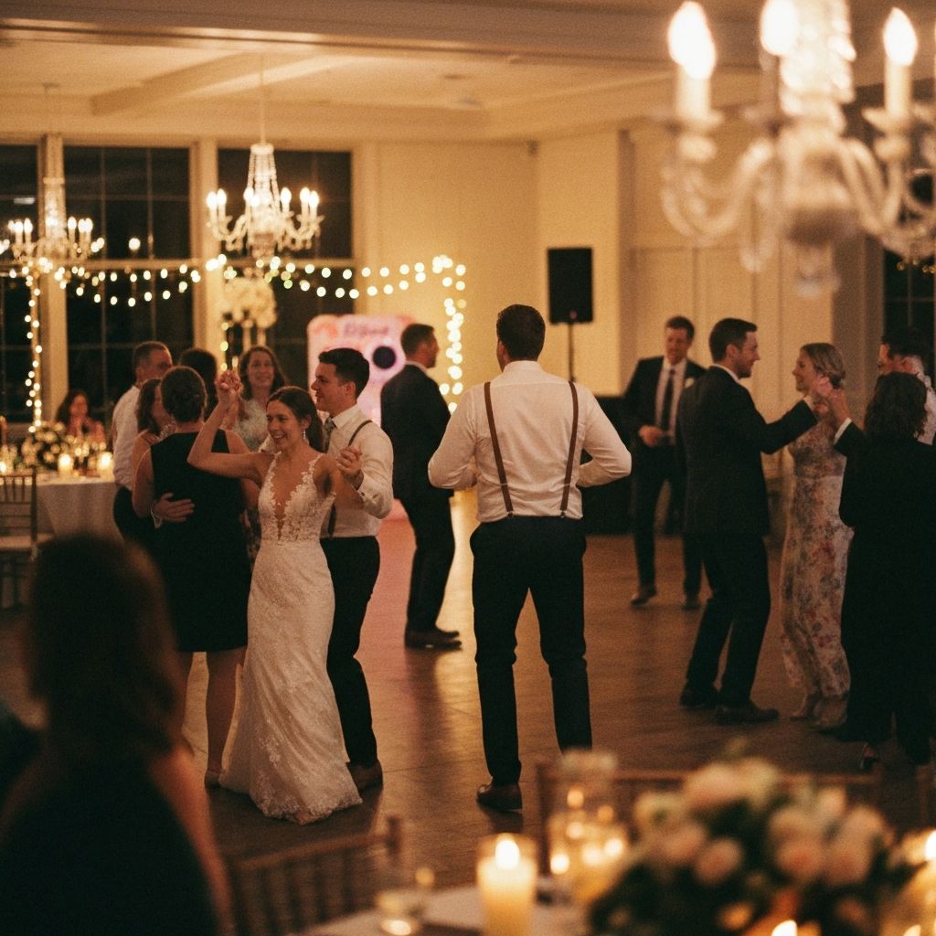 Elegant wedding reception with photo booth and ambient lighting
